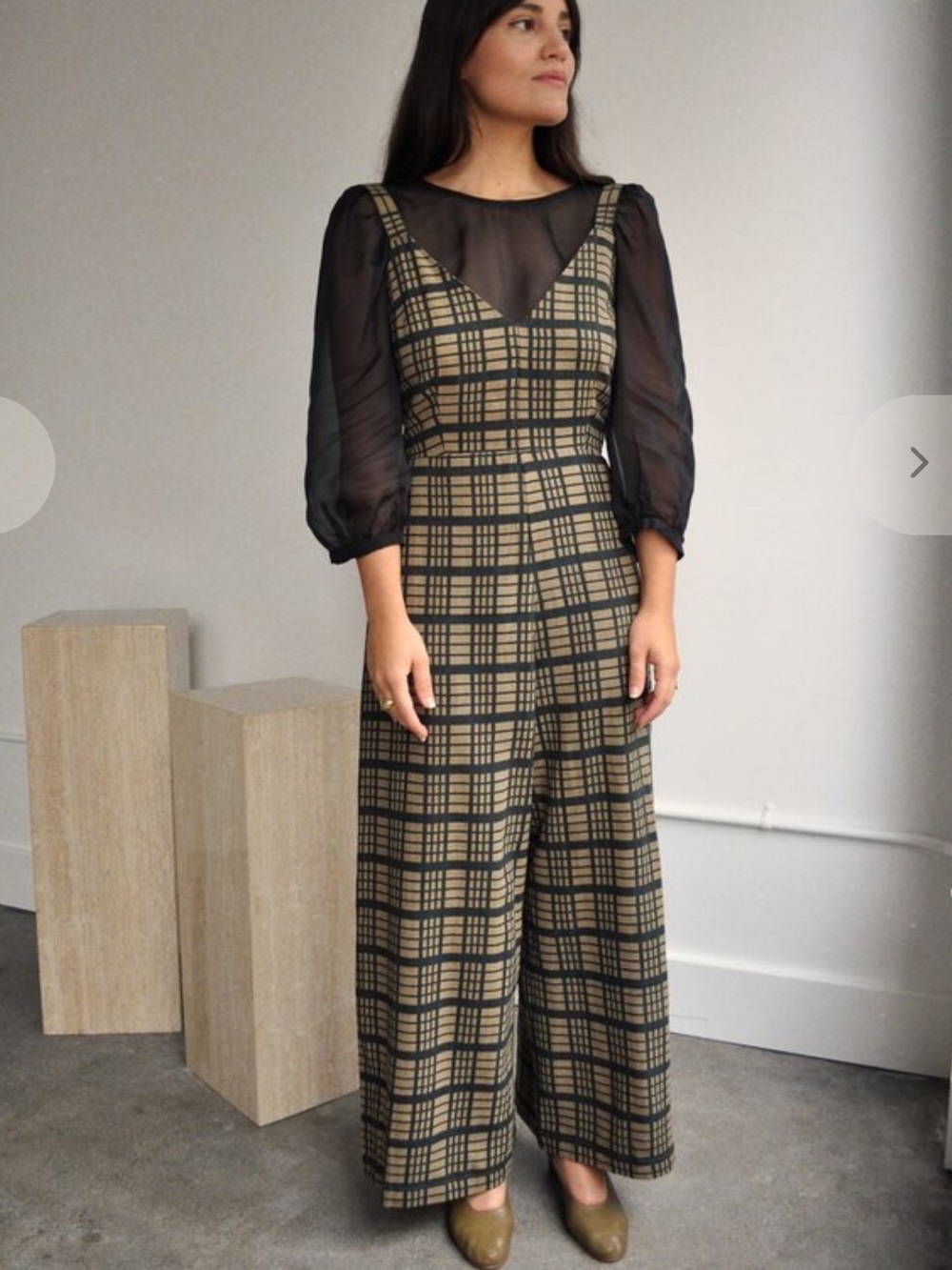 Ali Golden Plaid Wide-Leg Jumpsuit in Black and Tan